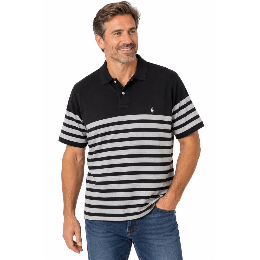 Polo Ralph Lauren XL Custom Fit Black Grey Striped Short Sleeve Polo Shirt Men